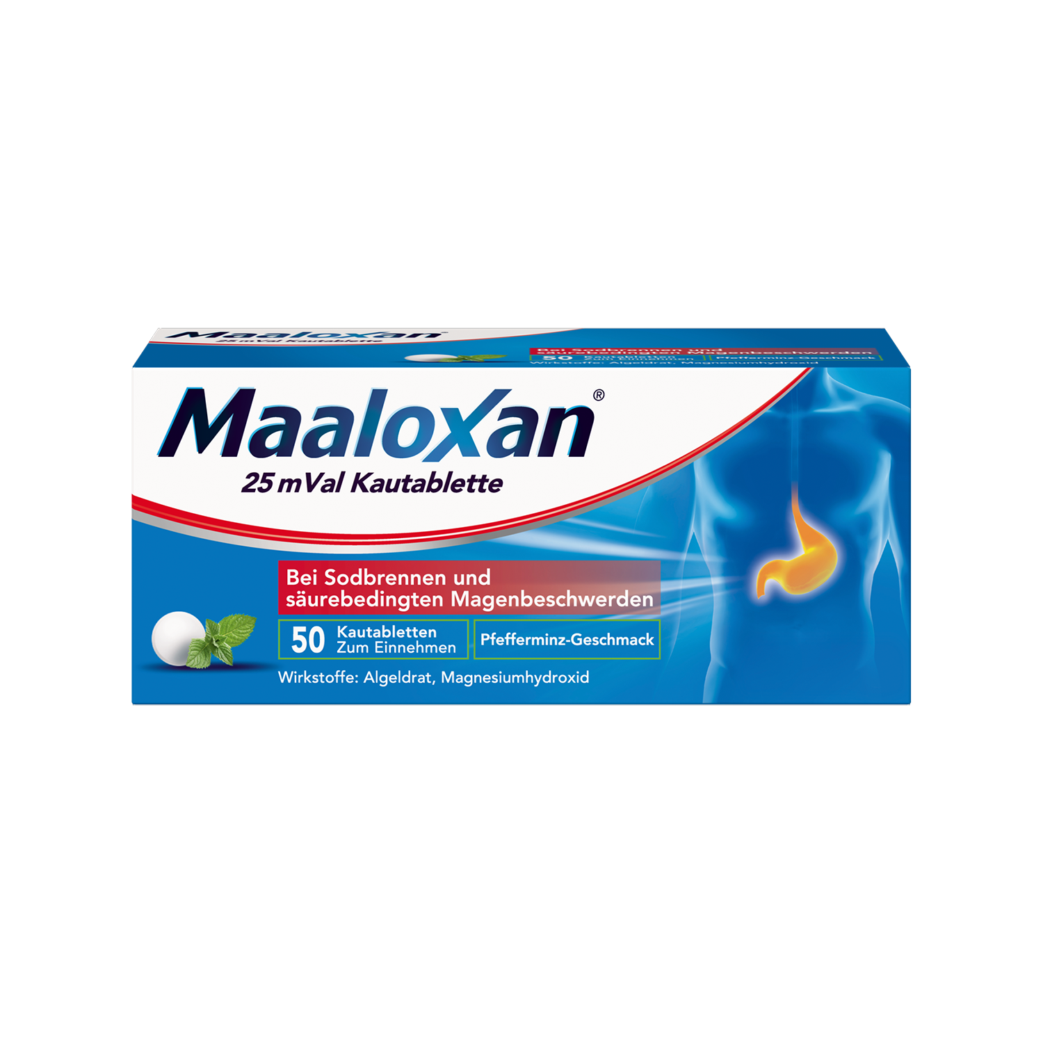 MAALOXAN 25 mVal Kautablette, Kautablette, mit Algeldrat und Magnesiumhydroxid, bei Sodbrennen und säurebedingten Magenbeschwerden MAALOXAN 25 mVal Kautablette, Kautablette, mit Algeldrat und Magnesiumhydroxid, bei Sodbrennen und säurebedingten Magenbeschwerden